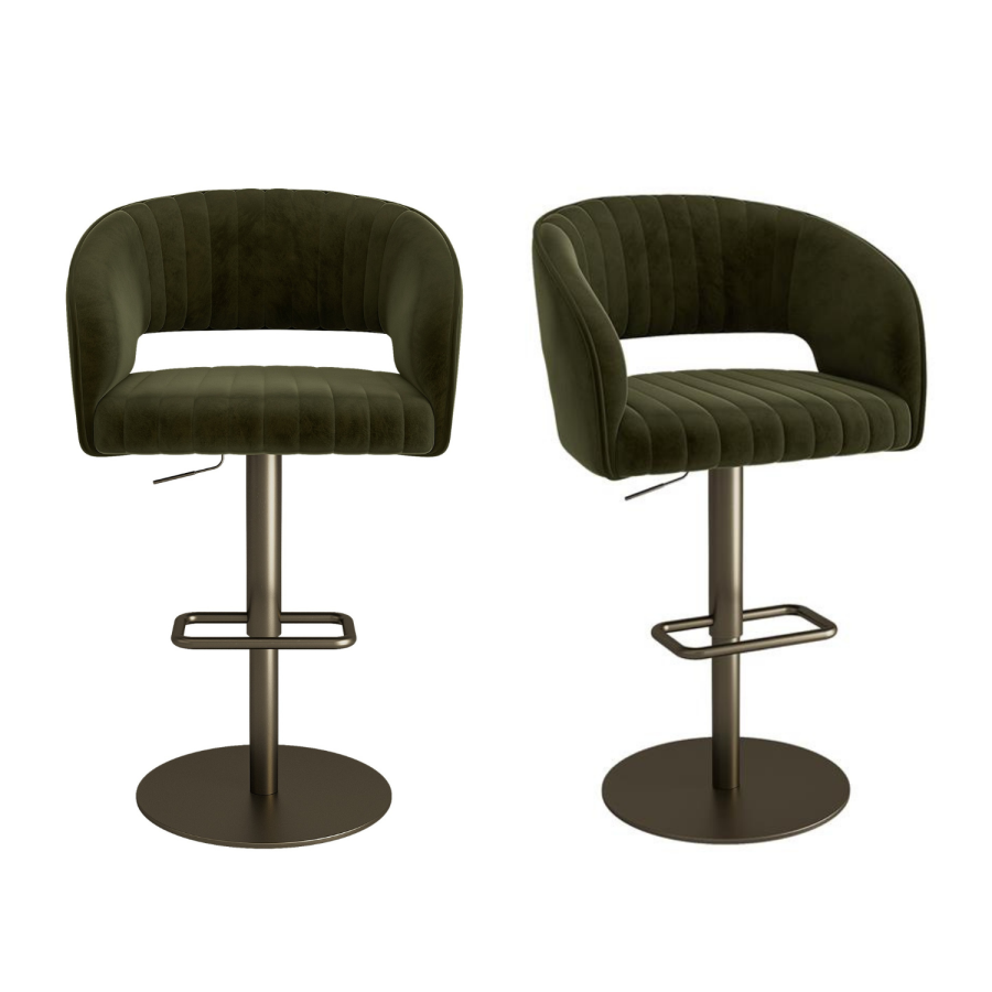 Set of 2 Curved Olive Green Velvet Adjustable Swivel Bar Stools with Brass Base - Runa