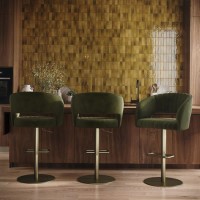 Set of 3 Curved Olive Green Velvet Adjustable Swivel Bar Stools with Brass Base - Runa