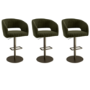 Set of 3 Curved Olive Green Velvet Adjustable Swivel Bar Stools with Brass Base - Runa