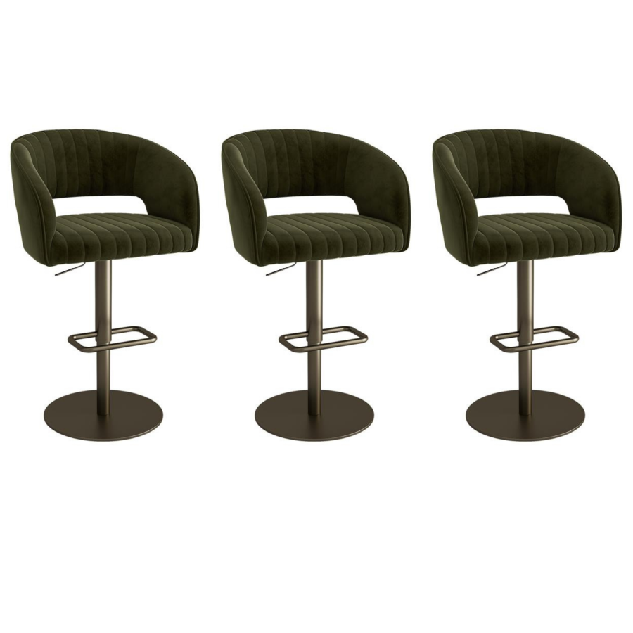 Set of 3 Curved Olive Green Velvet Adjustable Swivel Bar Stools with Brass Base - Runa