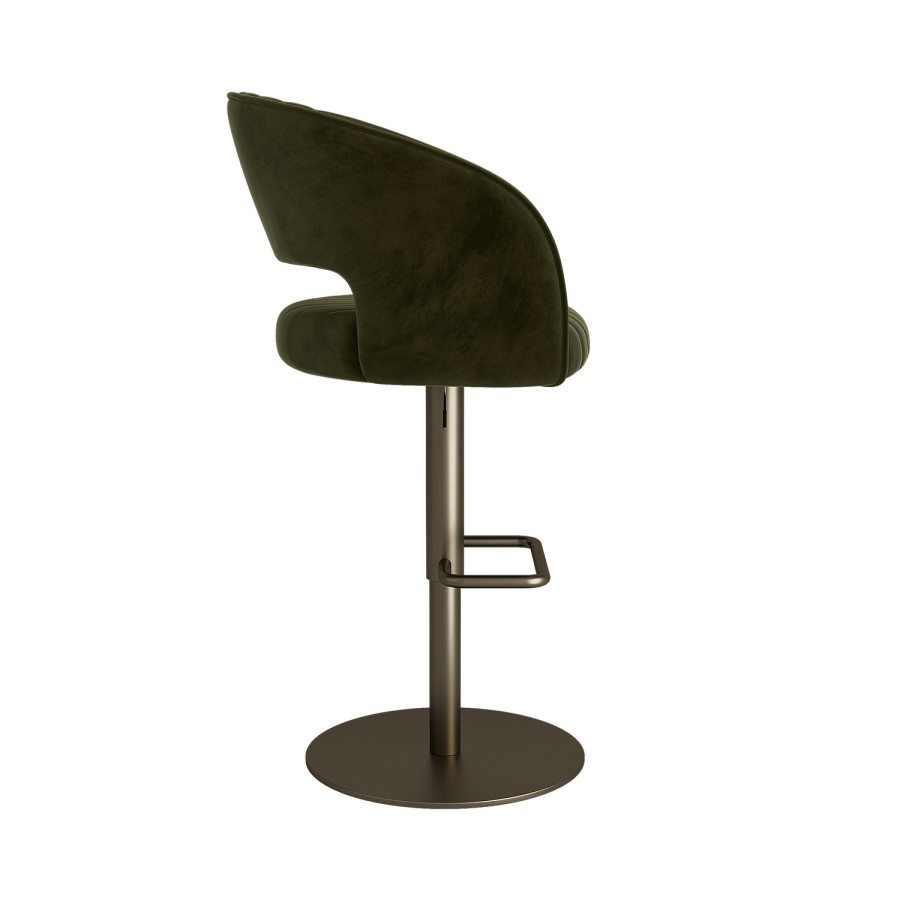 Set of 2 Curved Olive Green Velvet Adjustable Swivel Bar Stools with Brass Base - Runa