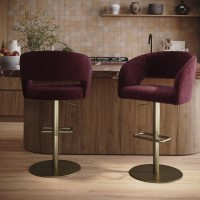 Set of 2 Curved Burgundy Velvet Adjustable Swivel Bar Stools with Brass Base - Runa