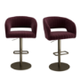 Set of 2 Curved Burgundy Velvet Adjustable Swivel Bar Stools with Brass Base - Runa