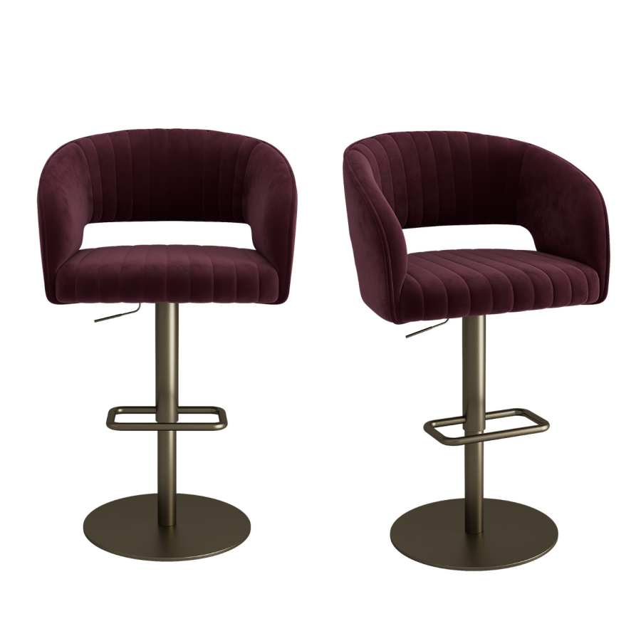Set of 2 Curved Burgundy Velvet Adjustable Swivel Bar Stools with Brass Base - Runa