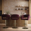 BUN/RUN017/98743 Set of 3 Curved Burgundy Velvet Adjustable Swivel Bar Stools with Brass Base - Runa