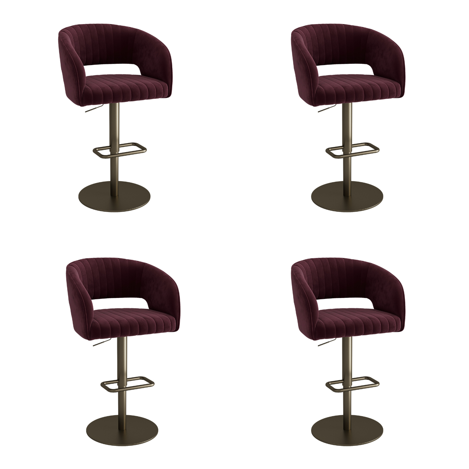 Runa Burgundy Set Of 4 Curved Velvet Adjustable Swivel Bar Stools With Brass Base