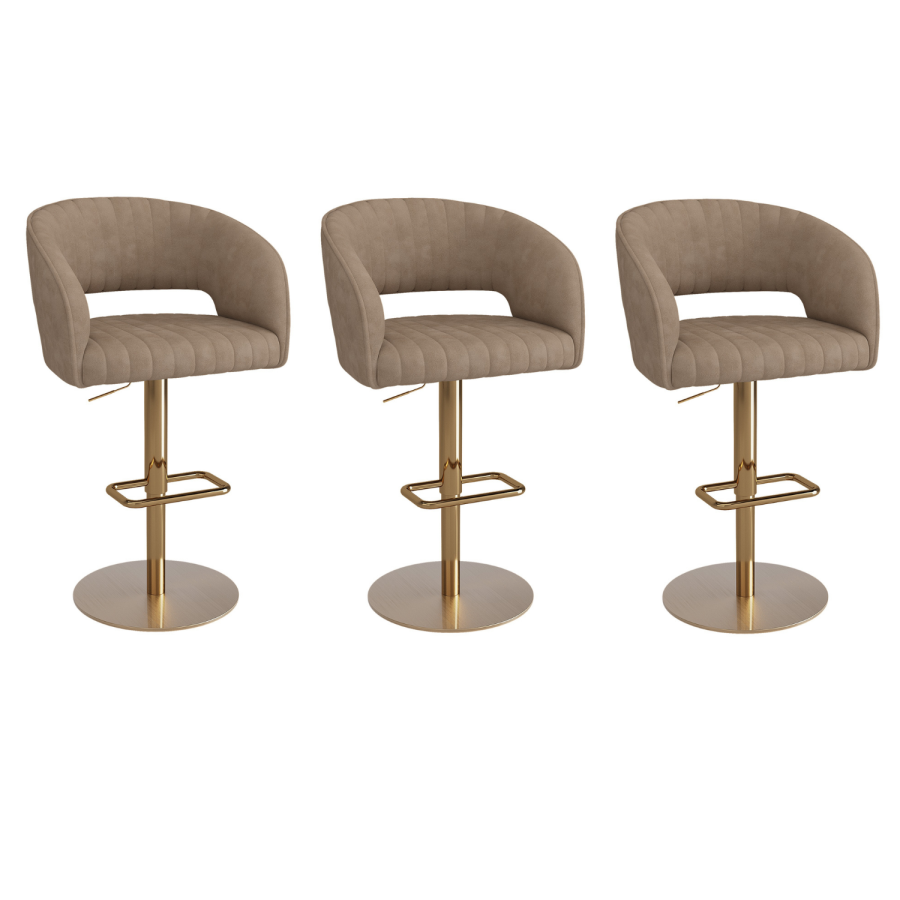 Set of 3 Curved Beige Faux Leather Adjustable Swivel Bar Stools with Gold Base - Runa