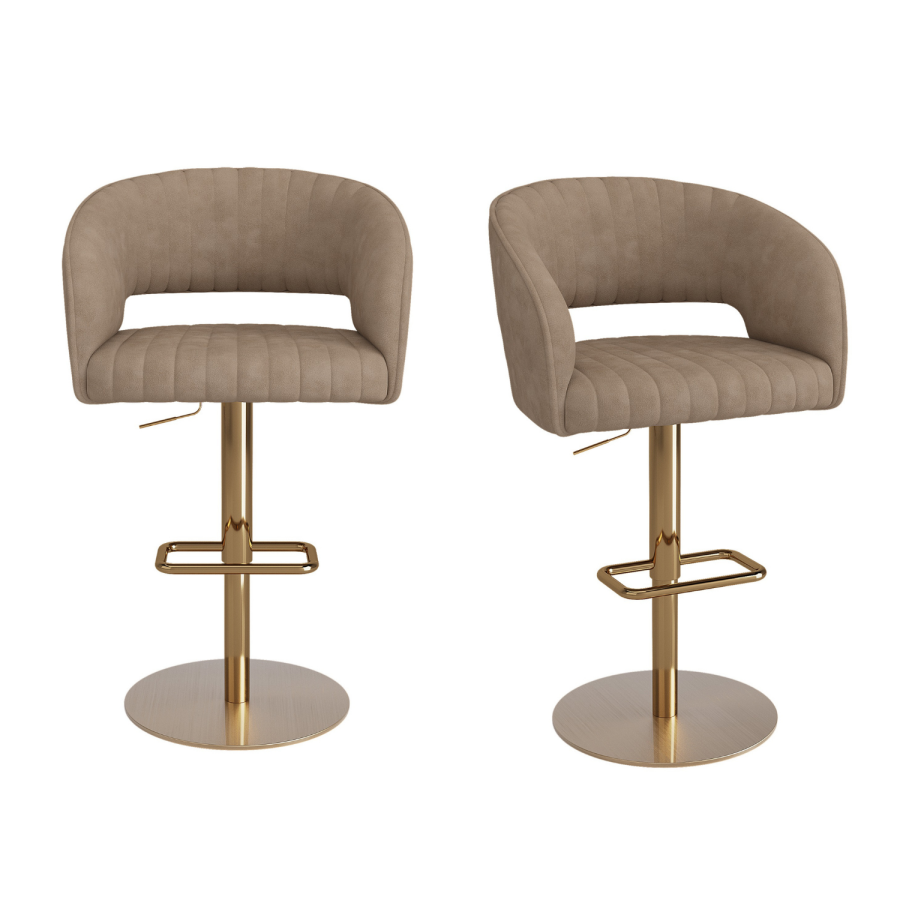 Set of 2 Curved Beige Faux Leather Adjustable Swivel Bar Stools with Gold Base - Runa