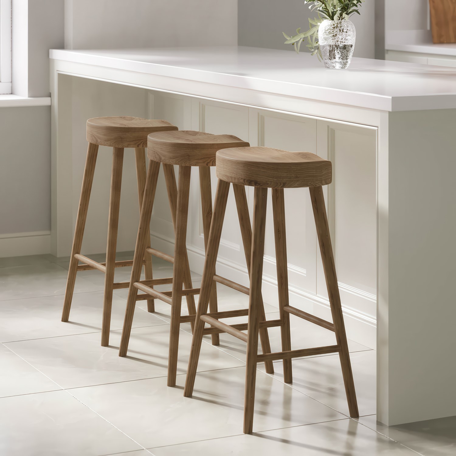 Rayne Brown Set Of 3 Solid Weathered Oak Kitchen Counter Stools - 70Cm