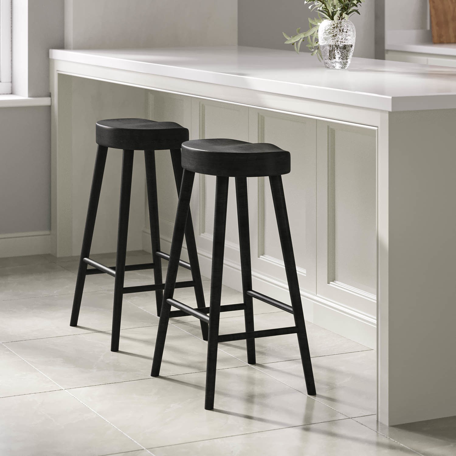 Photo of Set of 2 black solid oak kitchen stools - 70cm - rayne