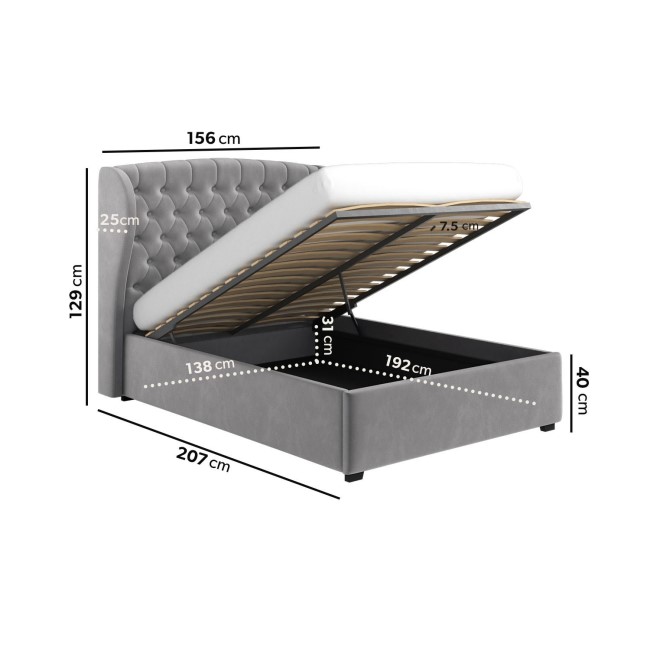 Grey Velvet Double Ottoman Bed with Blanket Box - Safina