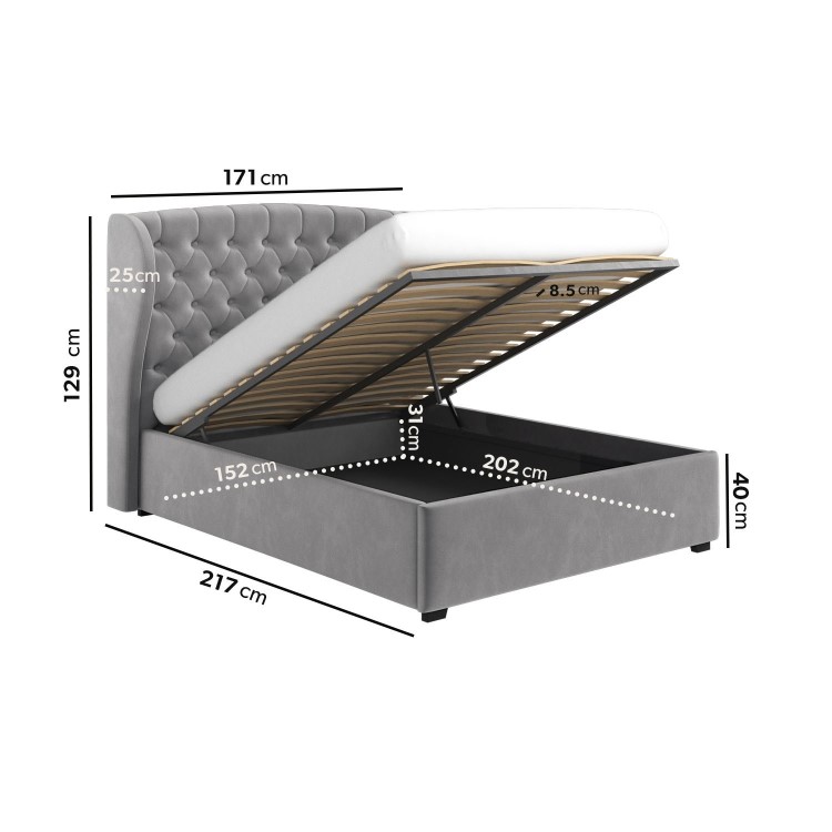 Grey Velvet King Size Ottoman Bed with Blanket Box - Safina