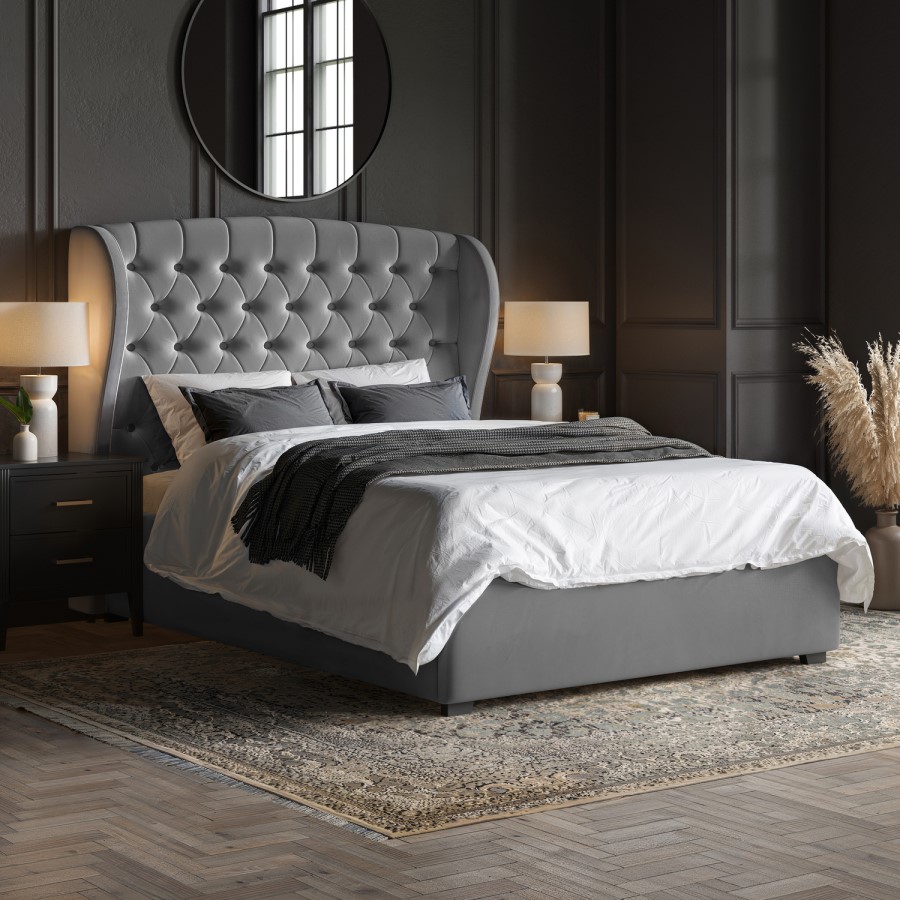 Grey Velvet King Size Ottoman Bed with Winged Chesterfield Headboard with Mattress Included - Safina