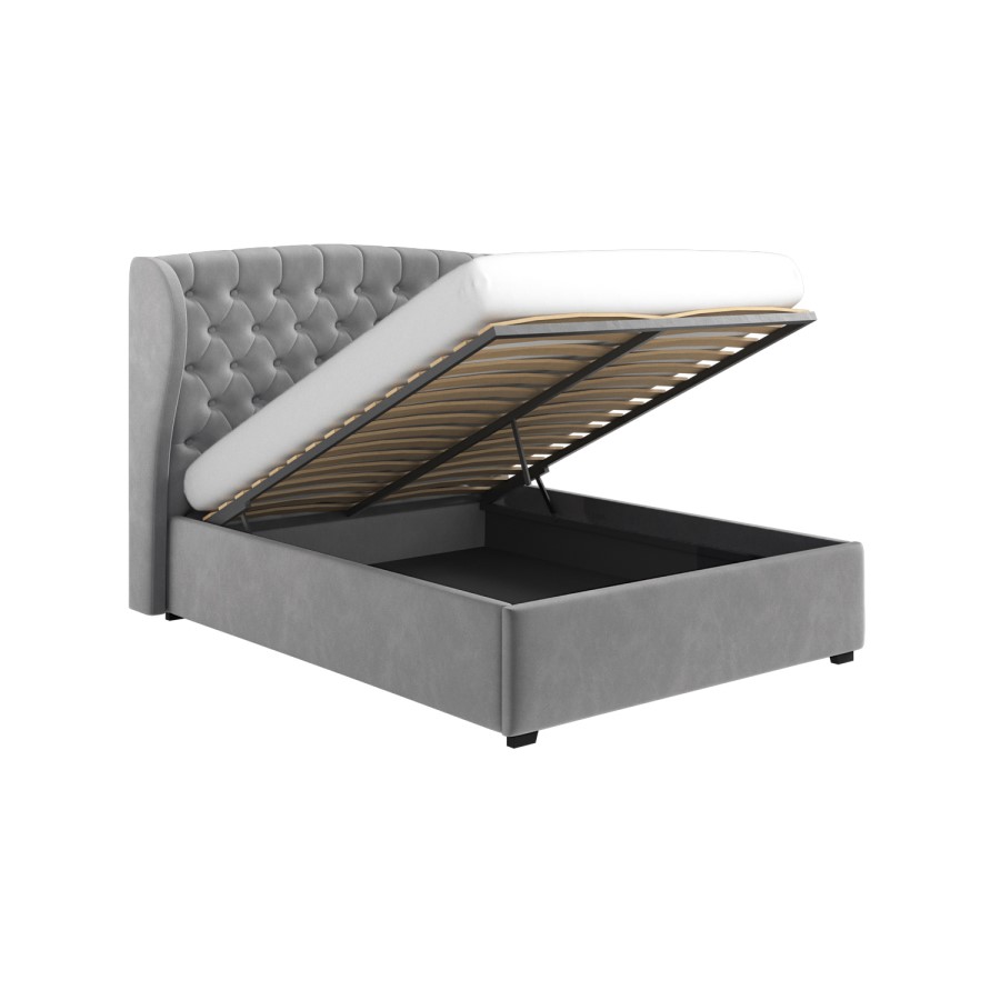 ONLY OPENED - Grey Velvet King Size Ottoman Bed with Winged Headboard - Safina