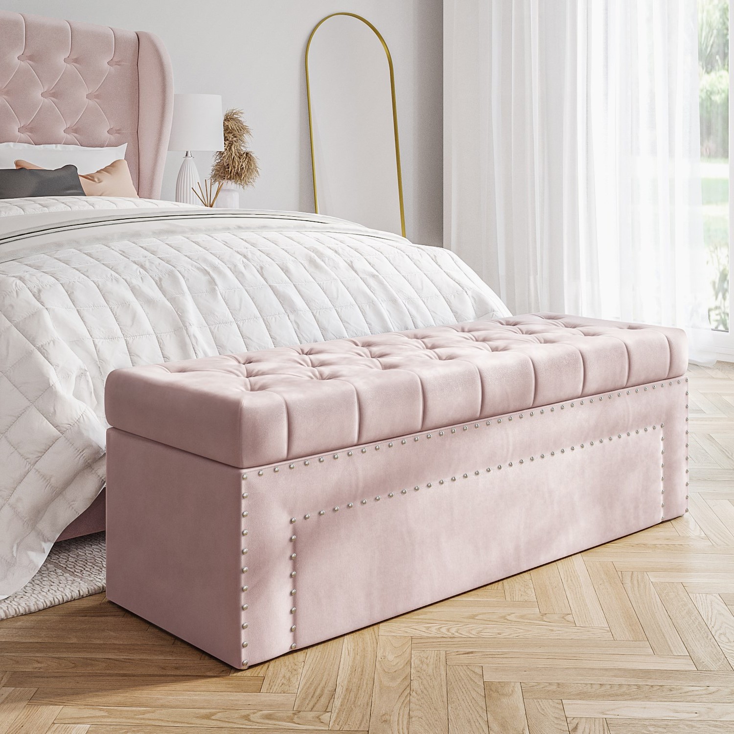 Pink Velvet Double Ottoman Bed with Matching Blanket Box Furniture123