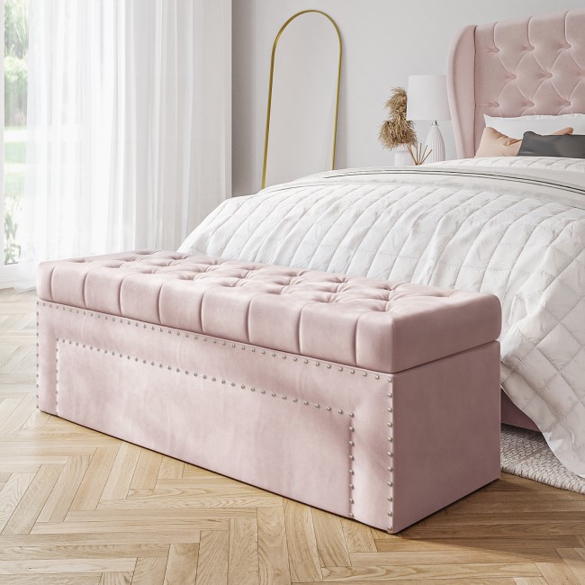 Pink Velvet Ottoman Blanket Box with Stud Detail - Safina
