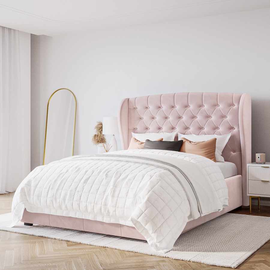 Pink Velvet King Size Ottoman Bed with Matching Blanket Box