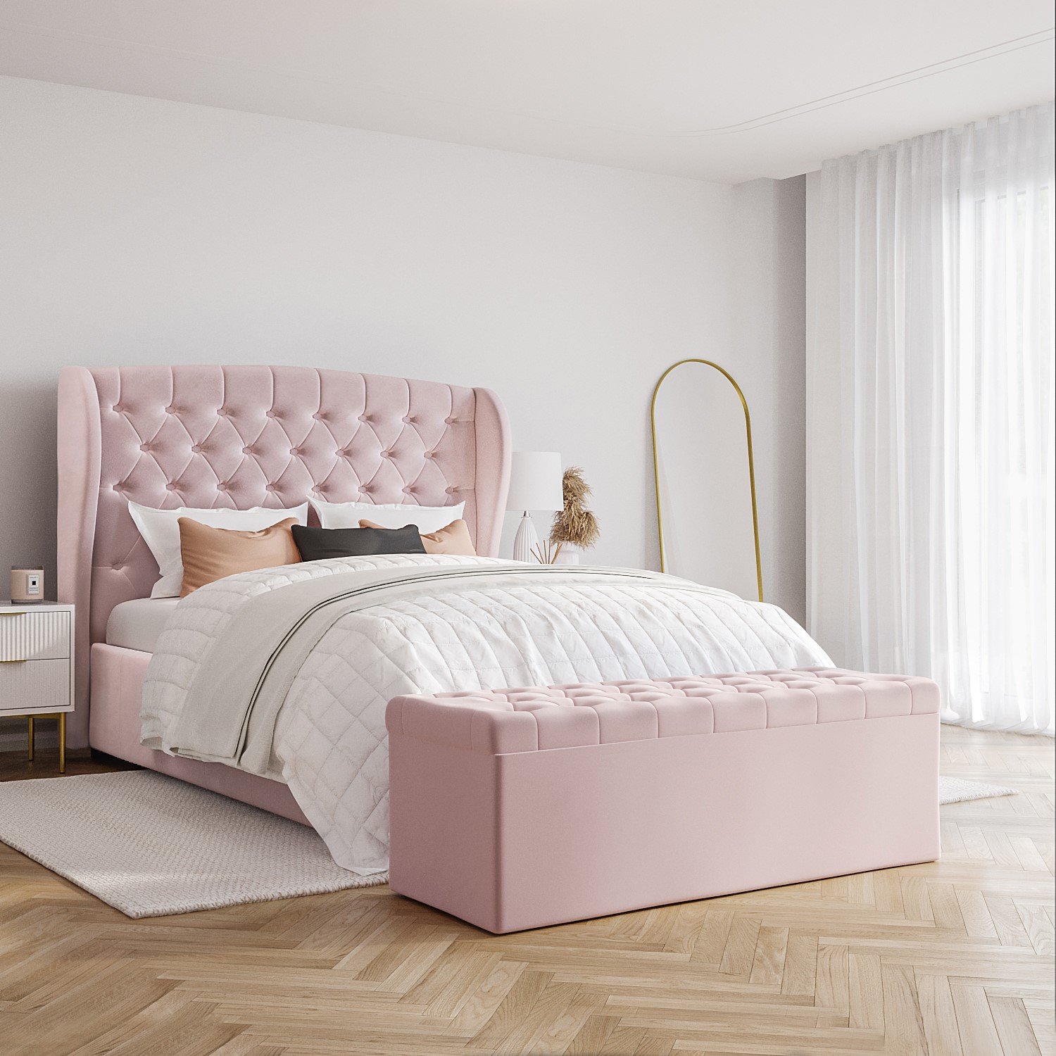 Photo of Pink velvet double ottoman bed with matching blanket box - safina