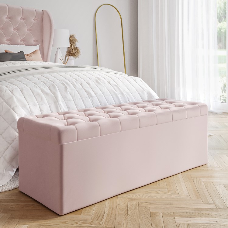 Pink Velvet Small Double Ottoman Bed with Blanket Box - Safina