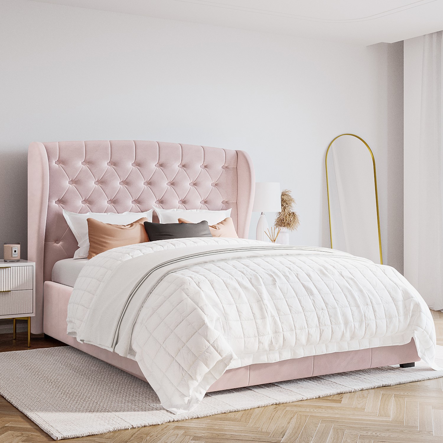 Photo of Pink velvet double ottoman bed with winged headboard - safina