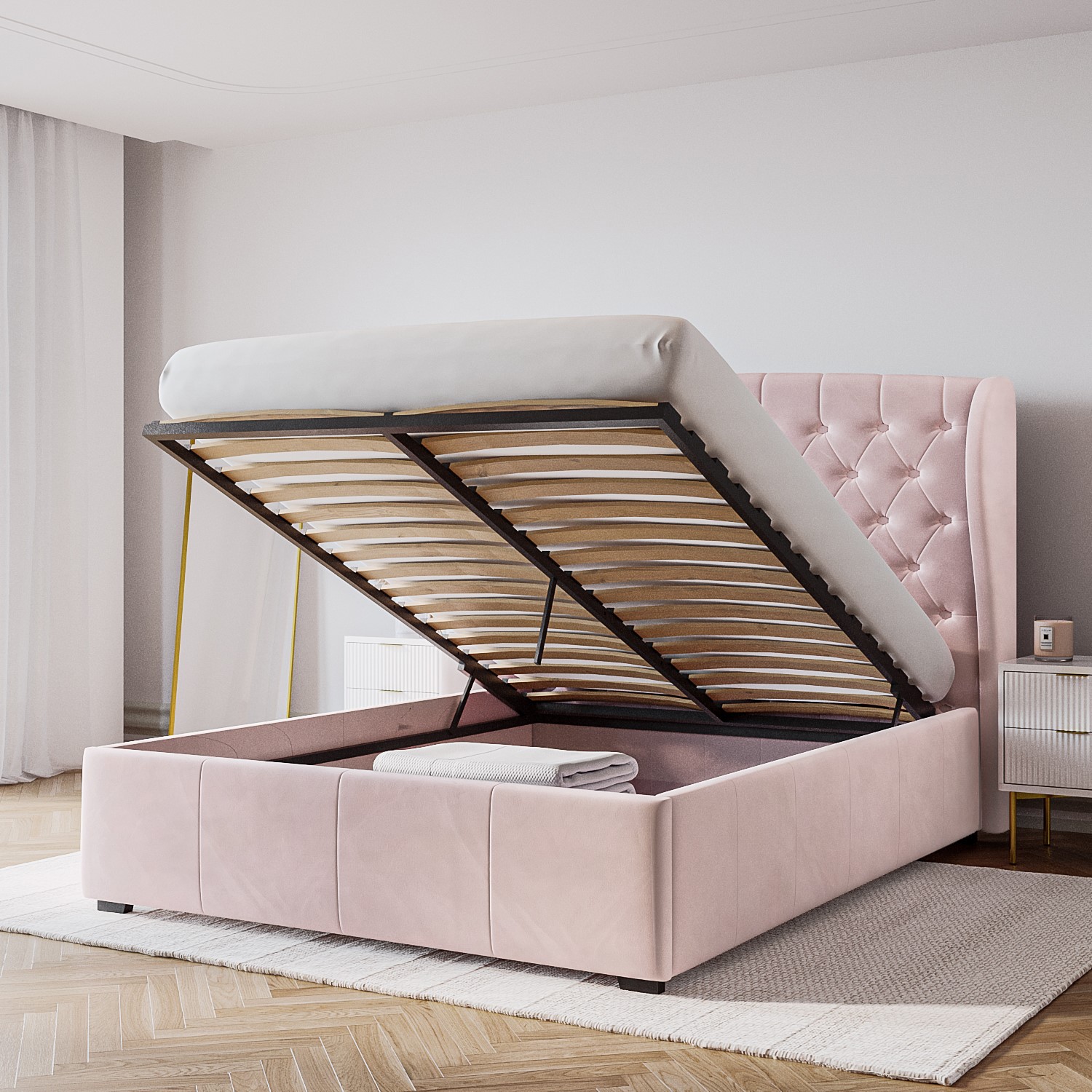 Read more about Pink velvet double ottoman bed with winged headboard safina