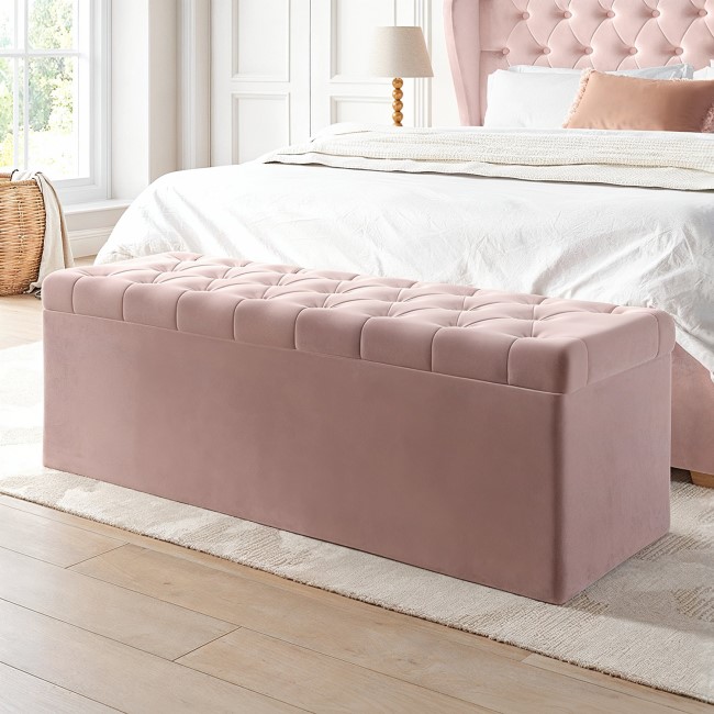 Pink Velvet Double Ottoman Bed with Blanket Box - Safina