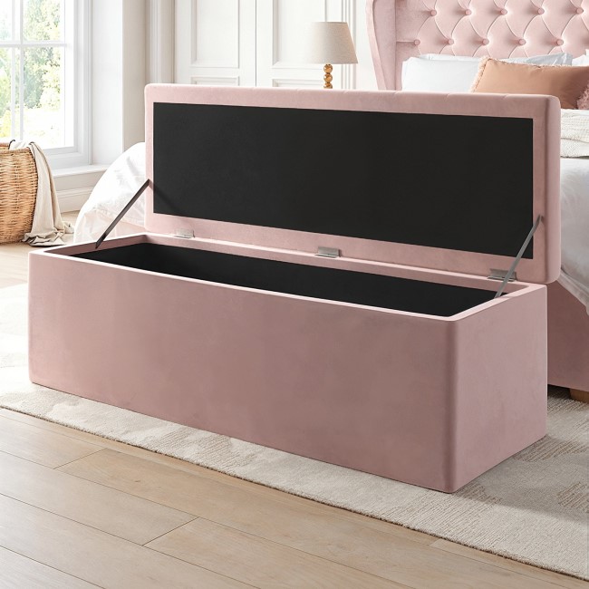 Pink Velvet Double Ottoman Bed with Blanket Box - Safina