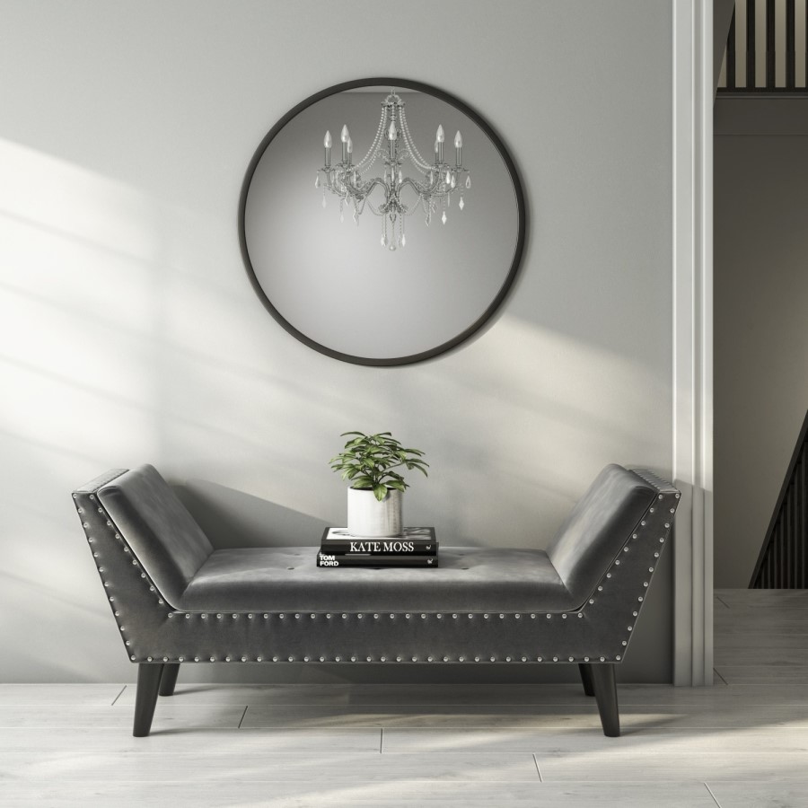 Safina Velvet Hallway Bench Seat with Stud Detailing in Dark Grey