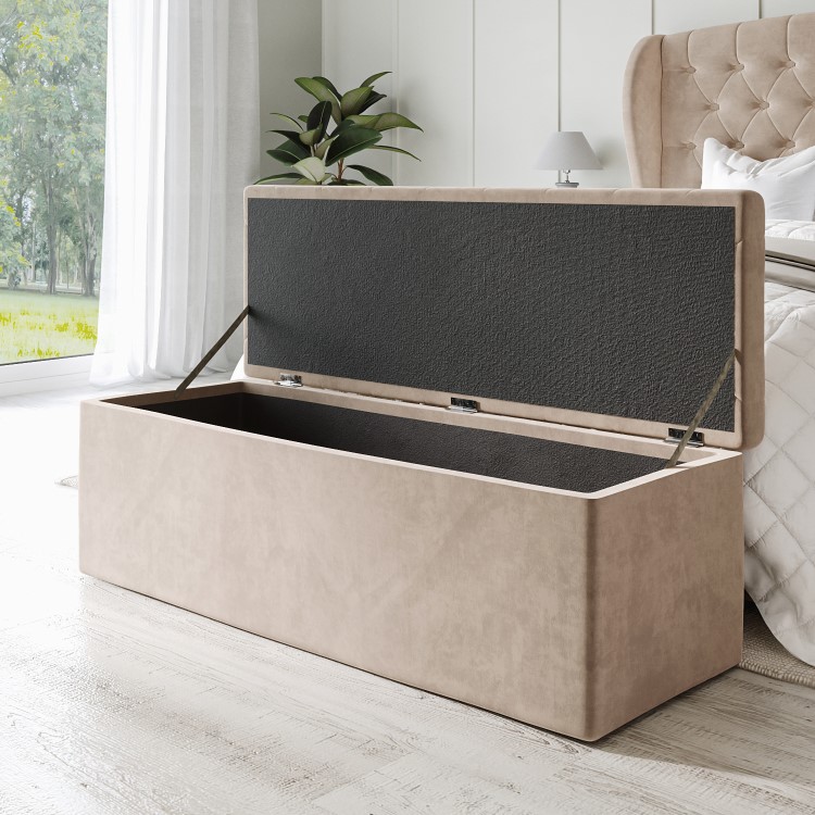 Beige Velvet Double Ottoman Bed with Blanket Box - Safina