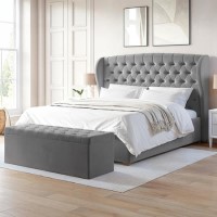 Grey Velvet Super King Ottoman Bed with Blanket Box - Safina