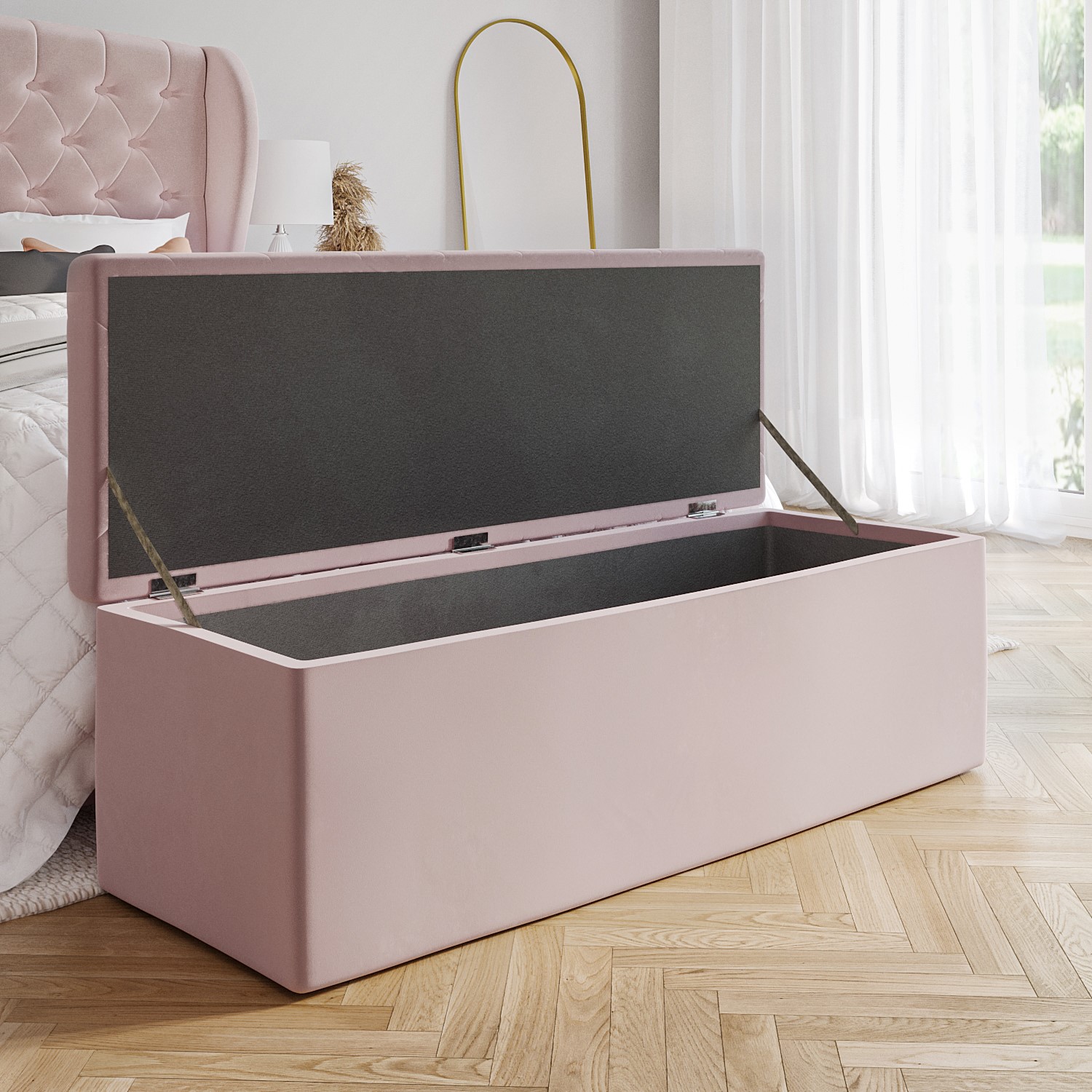 Pink Velvet Double Ottoman Bed with Winged Headboard Safina