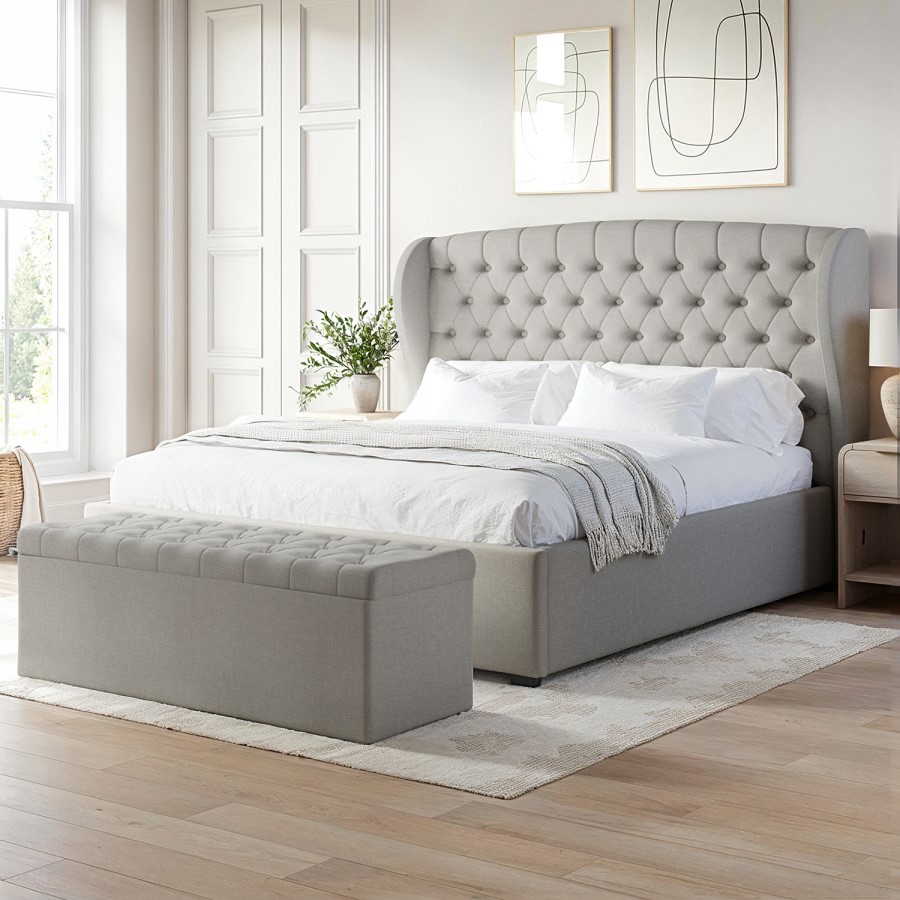 Grey Upholstered Super King Ottoman Bed with Blanket Box - Safina