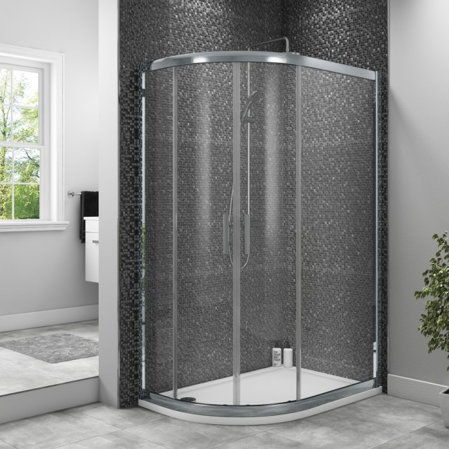 Taylor & Moore Offset Reversible Quadrant Shower Enclosure with Twin Sliding Door 1200 x 800 & Offset Quadrant Acrylic Capped Stone Resin Shower Tray 