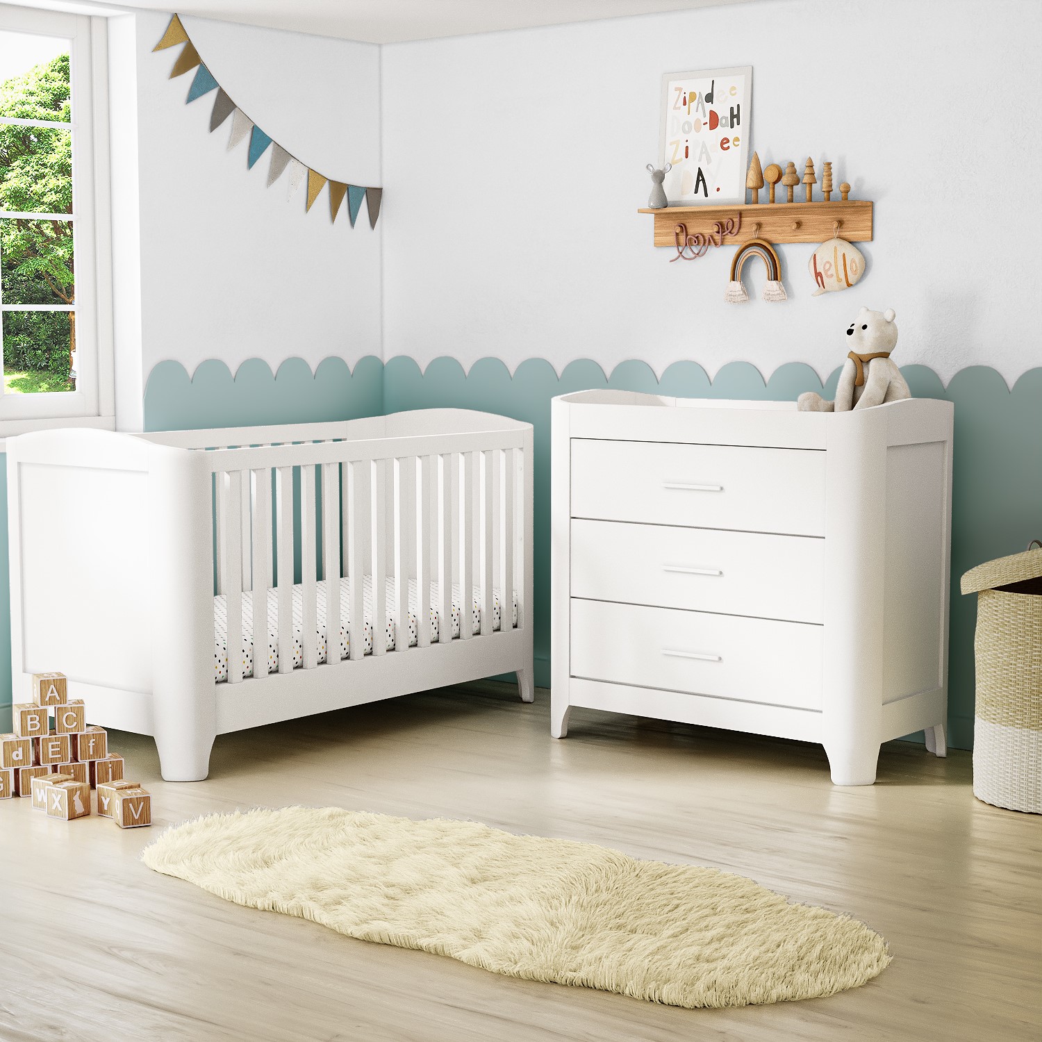 Photo of White pine nursery furniture 2-piece set with curved edges including cot bed and changing table - shiloh