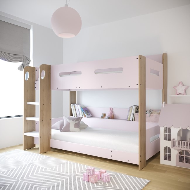 Blush Pink and Oak Wooden Bunk Bed with Shelves - Sky