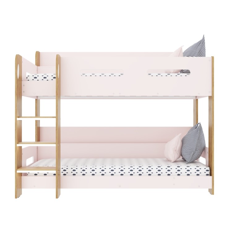 Blush Pink and Oak Wooden Bunk Bed with Shelves - Sky