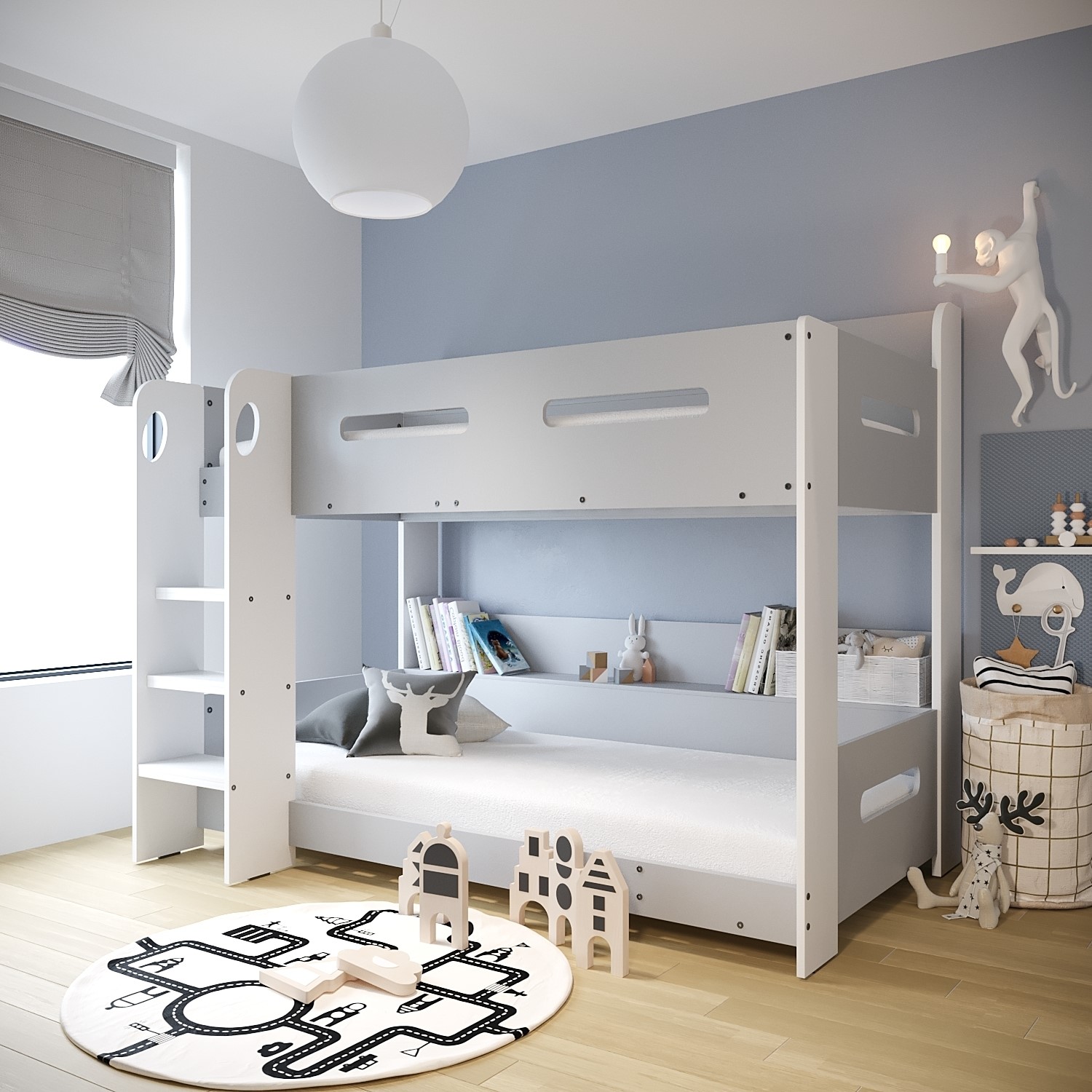 Photo of Grey and white bunk bed with shelves - sky
