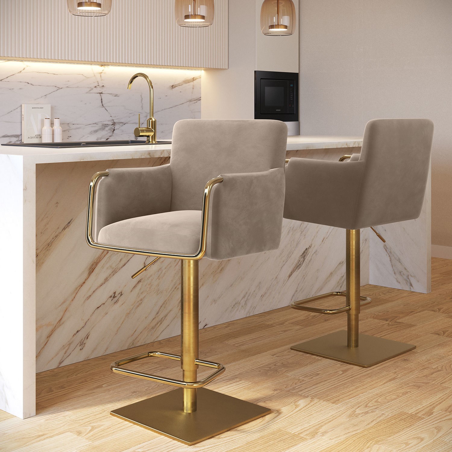 Sonny Beige Set Of 2 Mink Velvet Adjustable Swivel Bar Stools With Gold Base