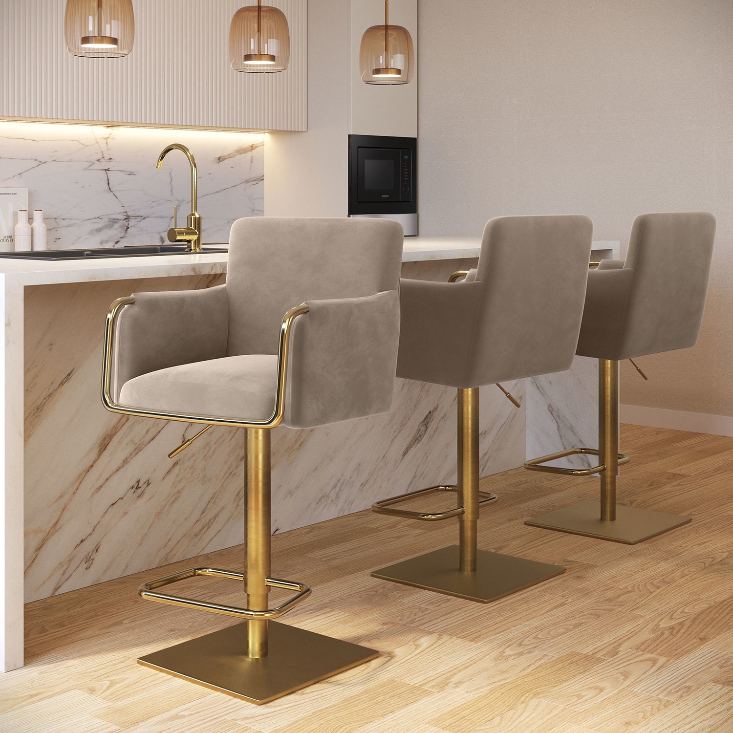 Sonny Beige Set Of 3 Mink Velvet Adjustable Swivel Bar Stools With Gold Base