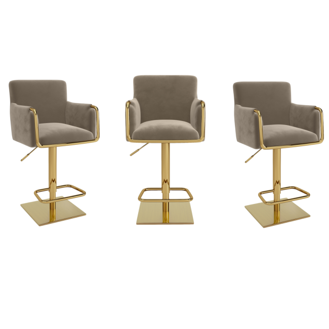 Set of 3 Mink Velvet Adjustable Swivel Bar Stools with Gold Base - Sonny