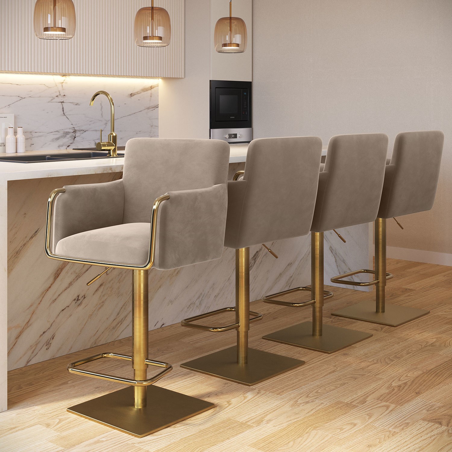 Sonny Beige Set Of 4 Mink Velvet Adjustable Swivel Bar Stools With Gold Base