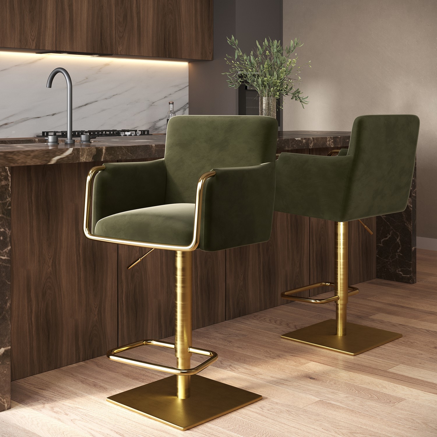 Set 2 Olive Green Velvet Adjustable Swivel Bar Stools Gold Base