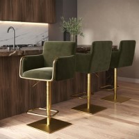 Set of 3 Olive Green Velvet Adjustable Swivel Bar Stools with Gold Base - Sonny