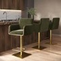 Set of 3 Olive Green Velvet Adjustable Swivel Bar Stools with Gold Base - Sonny