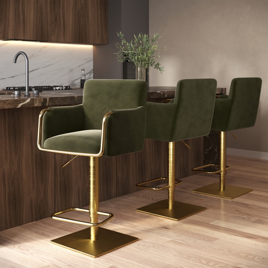 Set of 3 Olive Green Velvet Adjustable Swivel Bar Stools with Gold Base - Sonny