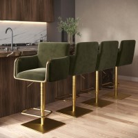 Set of 4 Olive Green Velvet Adjustable Swivel Bar Stools with Gold Base - Sonny