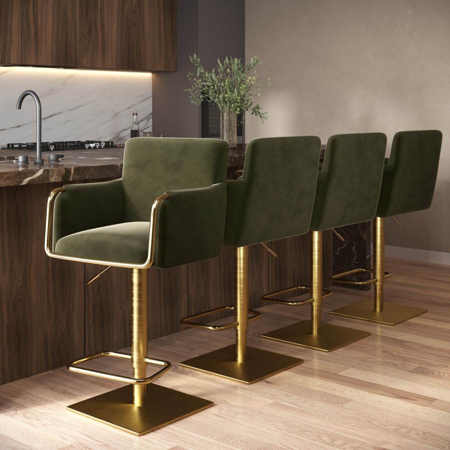 Set of 4 Olive Green Velvet Adjustable Swivel Bar Stools with Gold Base - Sonny