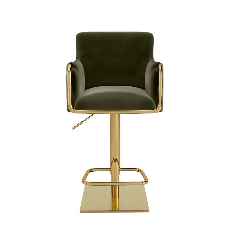 Set of 2 Olive Green Velvet Adjustable Swivel Bar Stools with Gold Base - Sonny