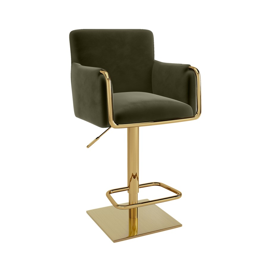 Set of 2 Olive Green Velvet Adjustable Swivel Bar Stools with Gold Base - Sonny