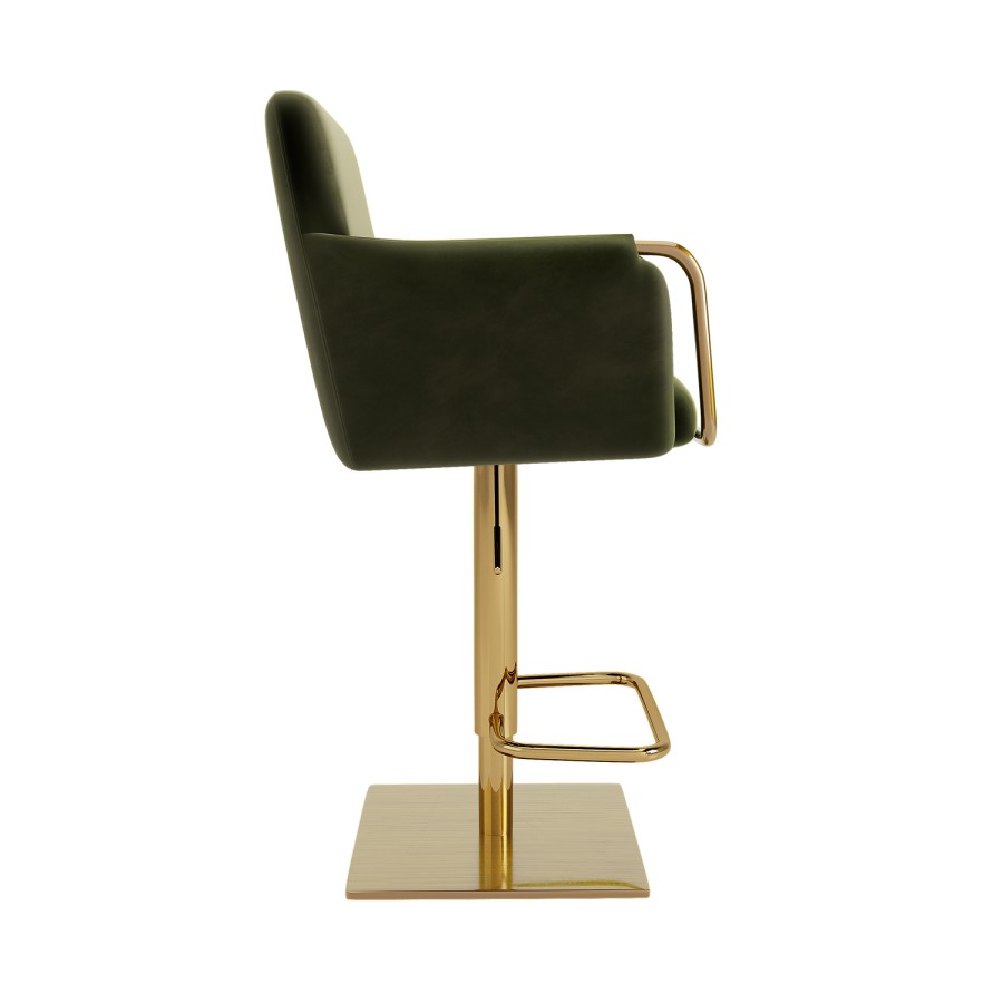 Set of 2 Olive Green Velvet Adjustable Swivel Bar Stools with Gold Base - Sonny